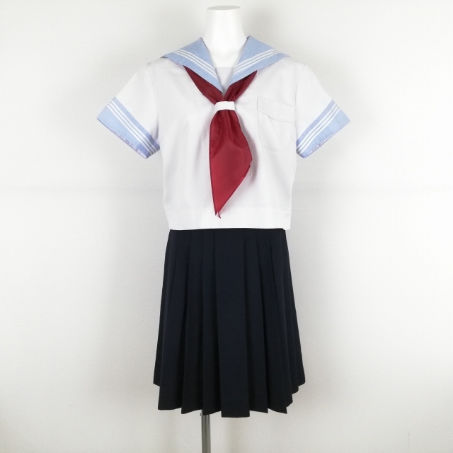 1 иен матроска юбка шарф верх и низ 3 позиций комплект лето предмет белый 3шт.@ линия женщина школьная форма Kanagawa Yokohama Hayabusa человек средняя школа белый форма б/у разряд C EY6674