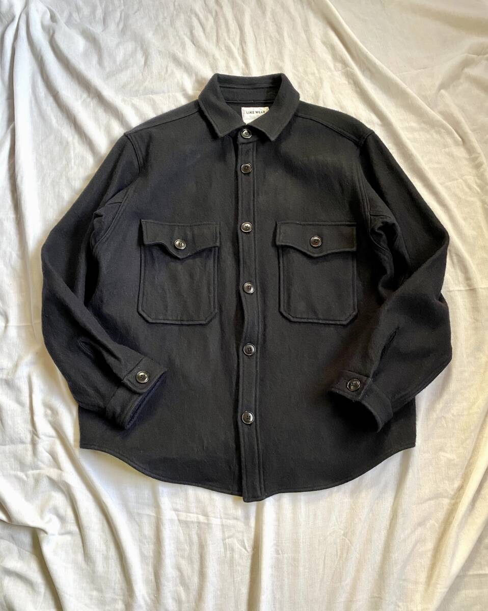 YAECA LIKE WEAR ヤエカ ライクウエア CPOシャツ ウール/リネン メルトン 40/LARGE 日本製 濃紺 ネイビー_画像1