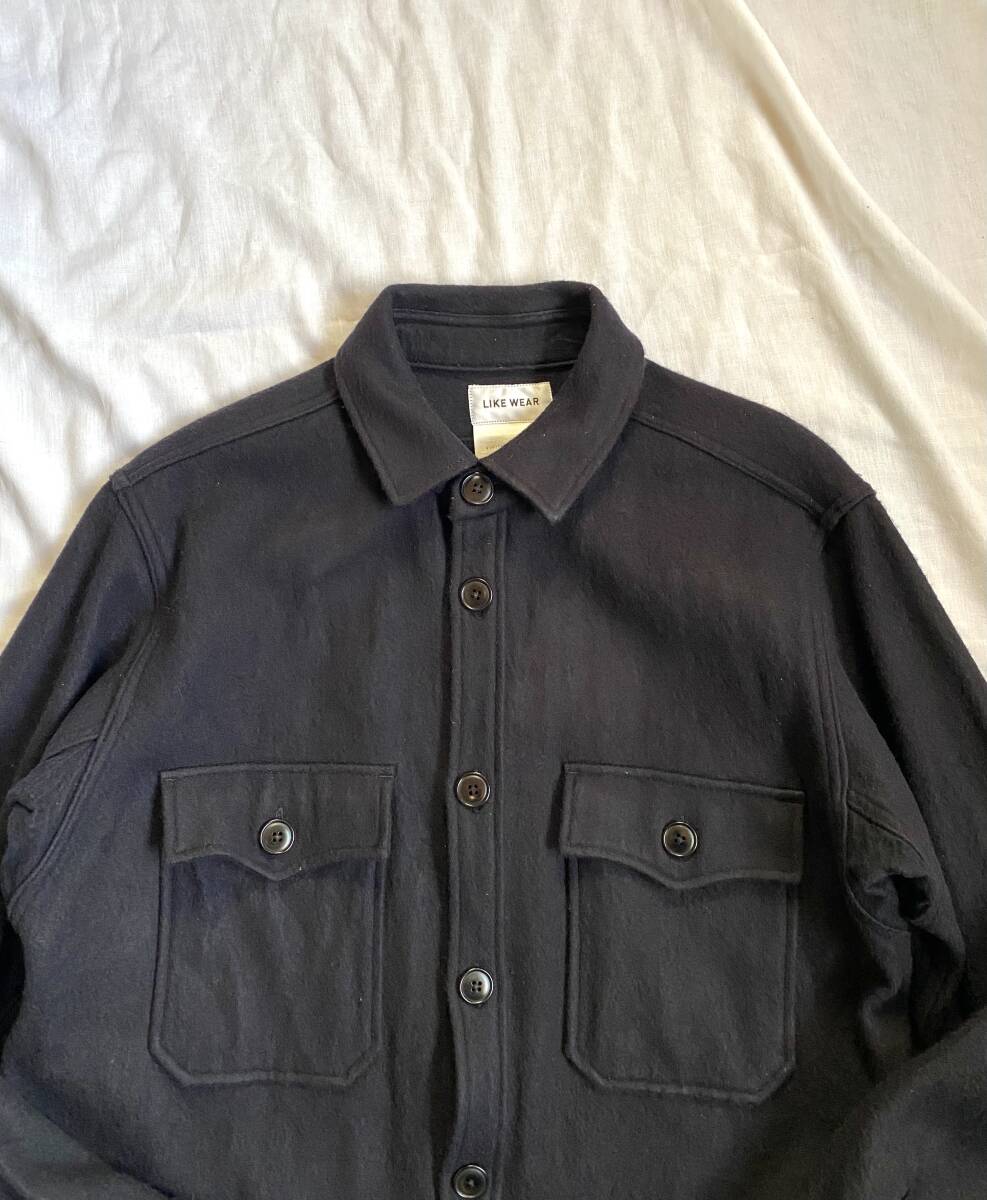 YAECA LIKE WEAR ヤエカ ライクウエア CPOシャツ ウール/リネン メルトン 40/LARGE 日本製 濃紺 ネイビー_画像2