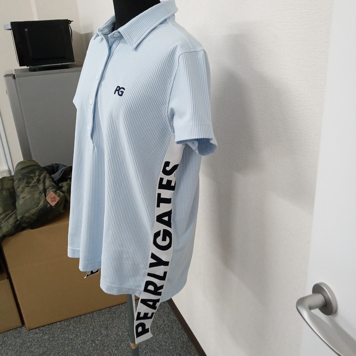 D PEARLY GATES パーリーゲイツ 半袖ポロシャツ ゴルフウェア ホワイト ブルー ストライプ 055-1160428 サイズ2_画像3