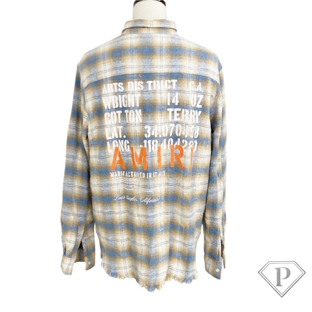 (1円スタート) アミリAMIRI Amiri チェック柄 フランネルシャツ チェック バックロゴ ブルー シャツ 長袖シャツ ネルシャツ_画像2