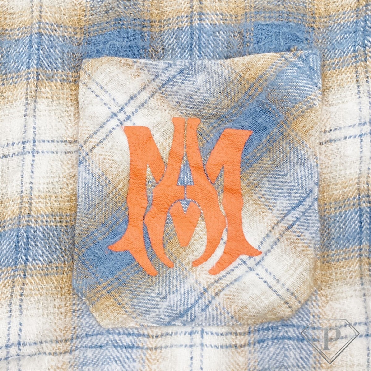 (1円スタート) アミリAMIRI Amiri チェック柄 フランネルシャツ チェック バックロゴ ブルー シャツ 長袖シャツ ネルシャツ_画像6