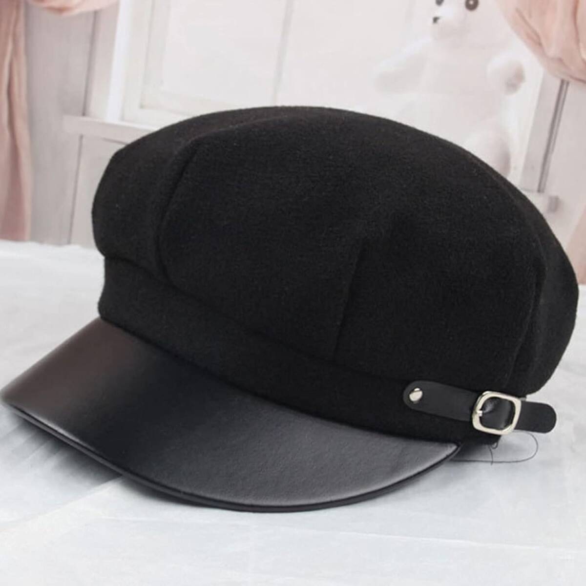 キャスケット ハット 無地 シンプル ベルトデザイン 帽子 レディース ブラック_画像7