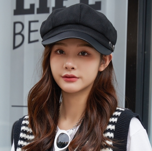 キャスケット ハット 無地 シンプル ベルトデザイン 帽子 レディース ブラック_画像1