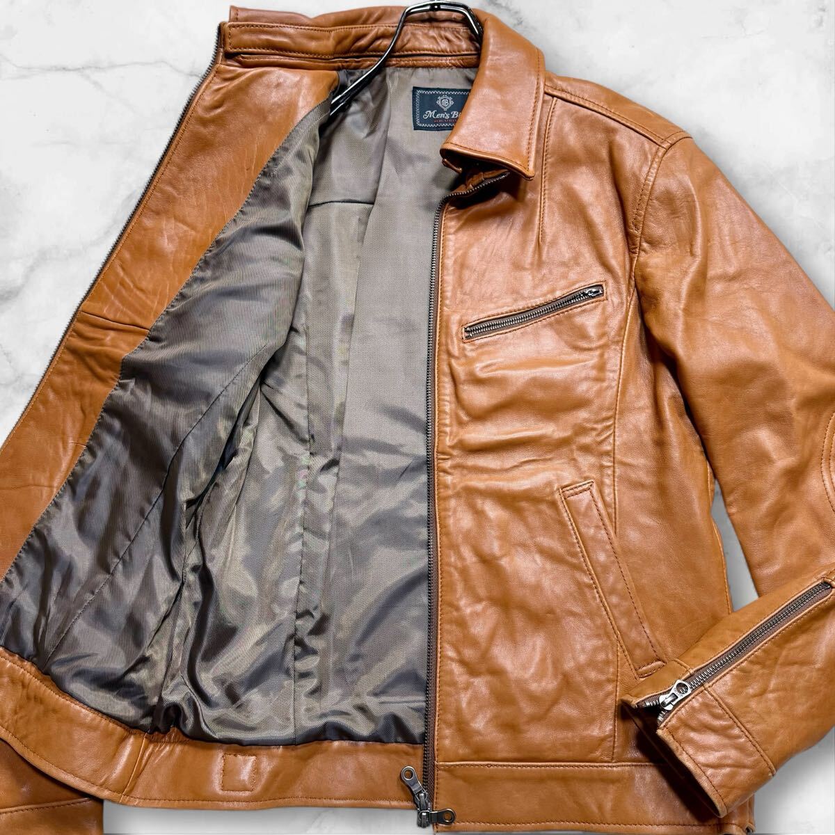 美品/Lサイズ■MEN'S BIGI メンズビギ ラムレザー ジャケット シングル ライダース ダブルジップ 2way 襟取り外し可能 羊革 キャメル_画像1