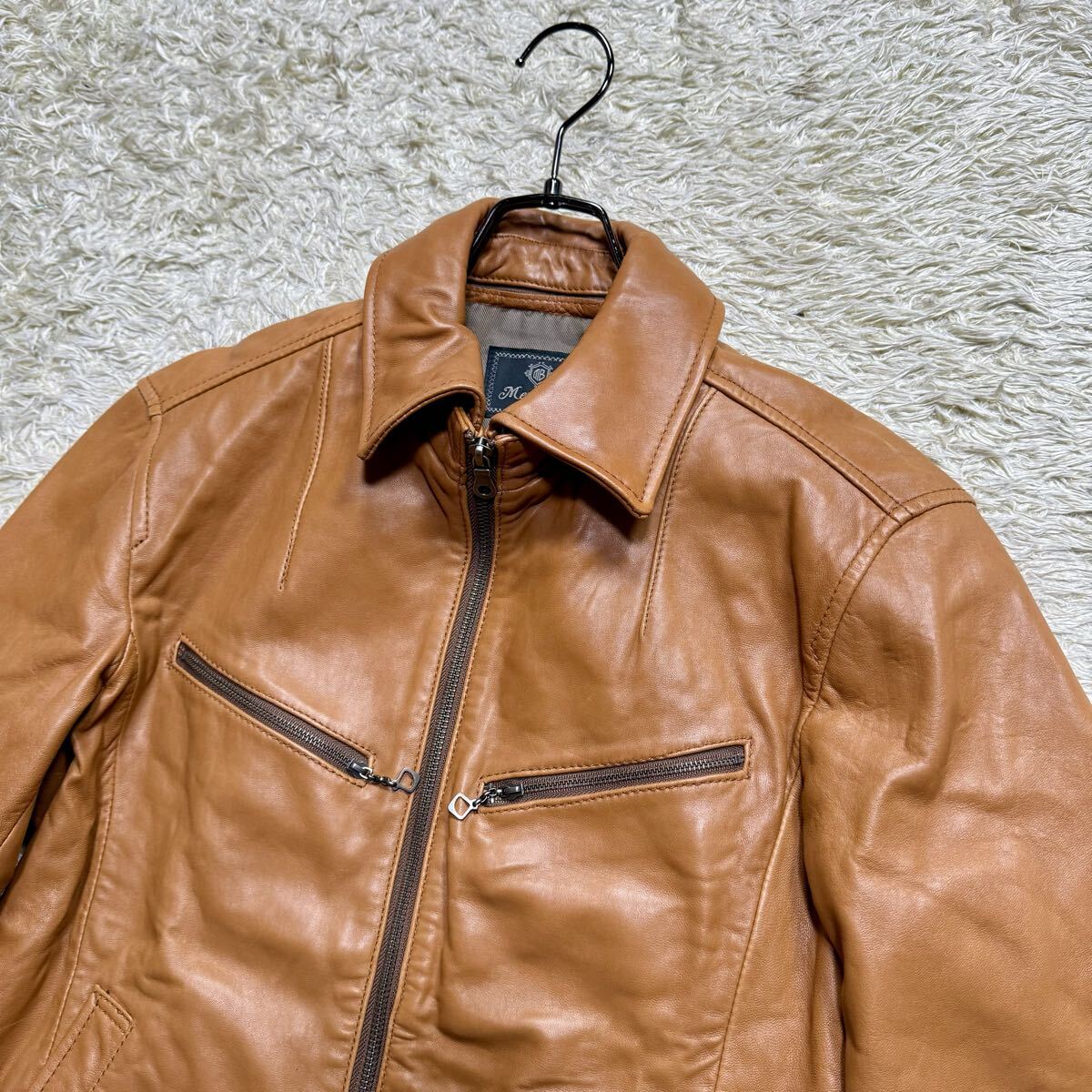 美品/Lサイズ■MEN'S BIGI メンズビギ ラムレザー ジャケット シングル ライダース ダブルジップ 2way 襟取り外し可能 羊革 キャメル_画像5