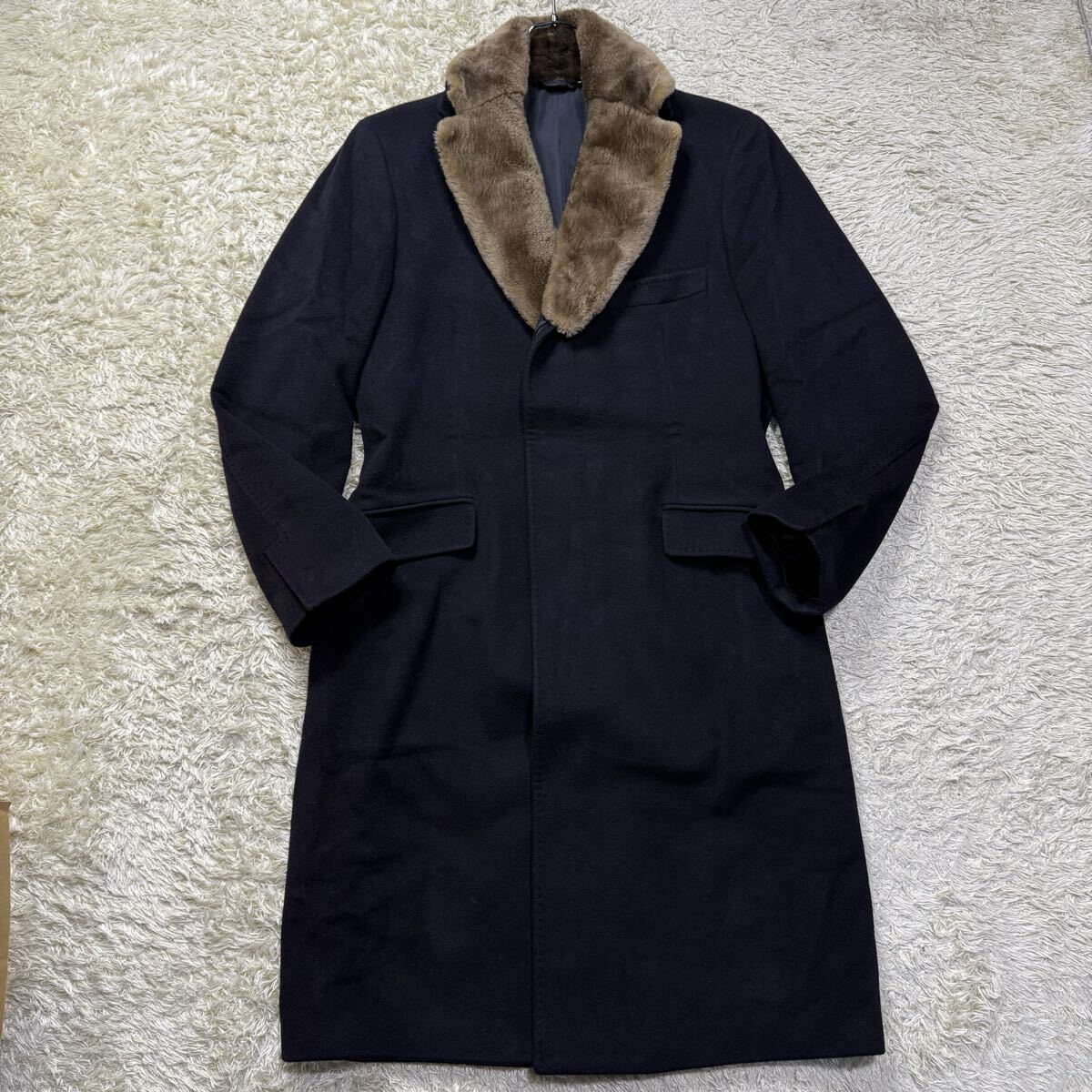 カシミヤ100%!!極美品/XLサイズ■ dunhill ダンヒル チェスターコート ロング マキシ丈 アウター 比翼 ビーバー ファー メンズ 50 ネイビー_画像2