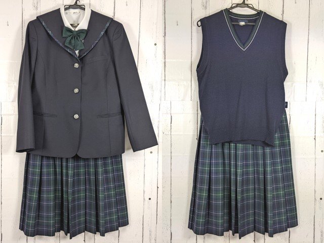 【as2901】愛媛県 西条市北中学校 女子用学生服 制服 ブレザー+ニットベスト+カッターシャツ+冬服スカート+リボン◆p37♪_画像1