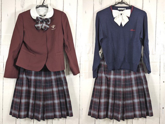 【as2995】愛知県 名古屋経済大学市邨高校 女子用学生服 制服 ブレザー+セーター+カッターシャツ+冬服スカート+リボン◆C93♪_画像1