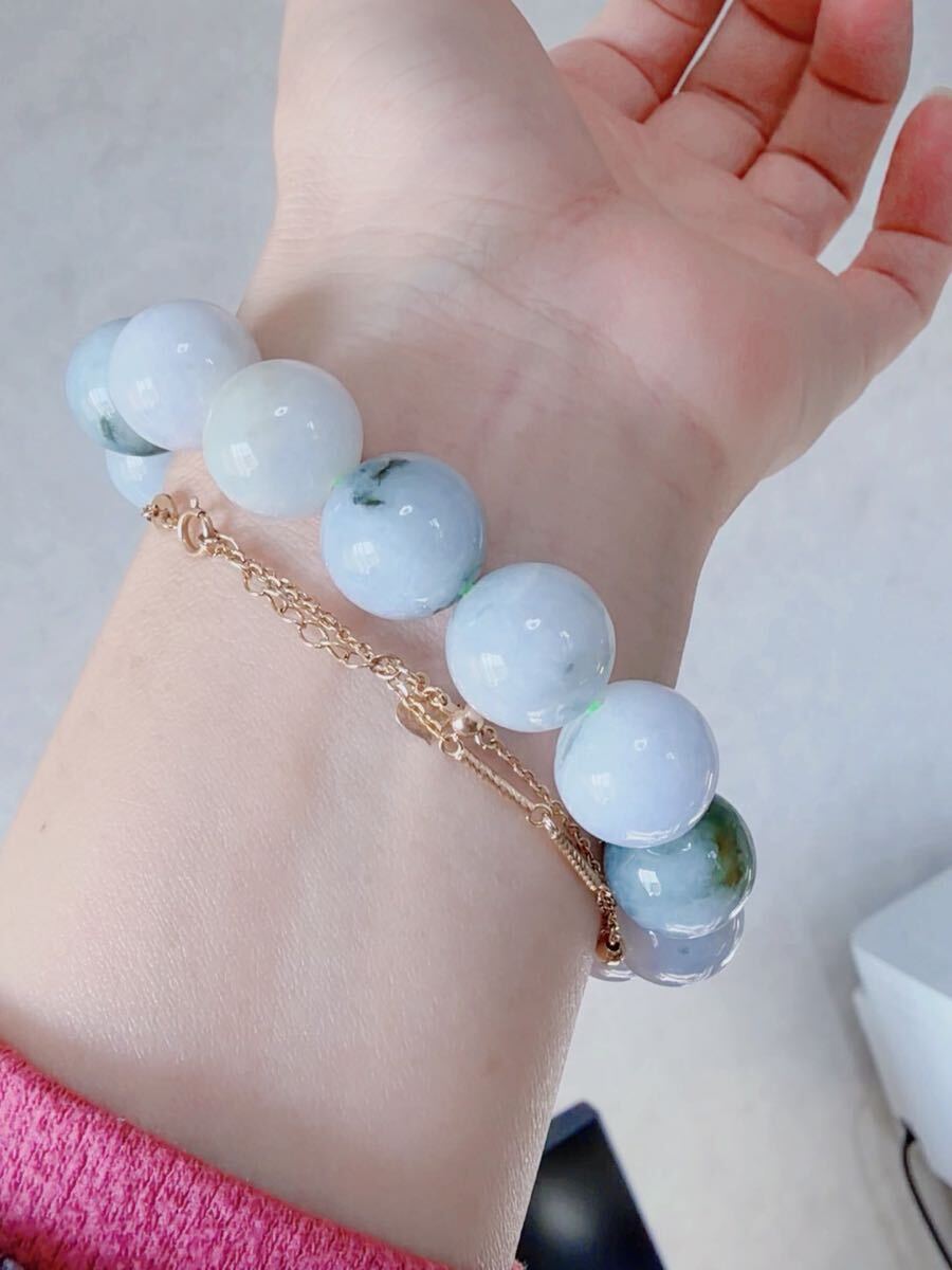 CS-0101 天然本翡翠《本物保証》 飄花 ミャンマー産天然翡翠 ブレスレット18cm 天然石14mm一点物 希少 縁起物 お守り パワーストーン_画像5