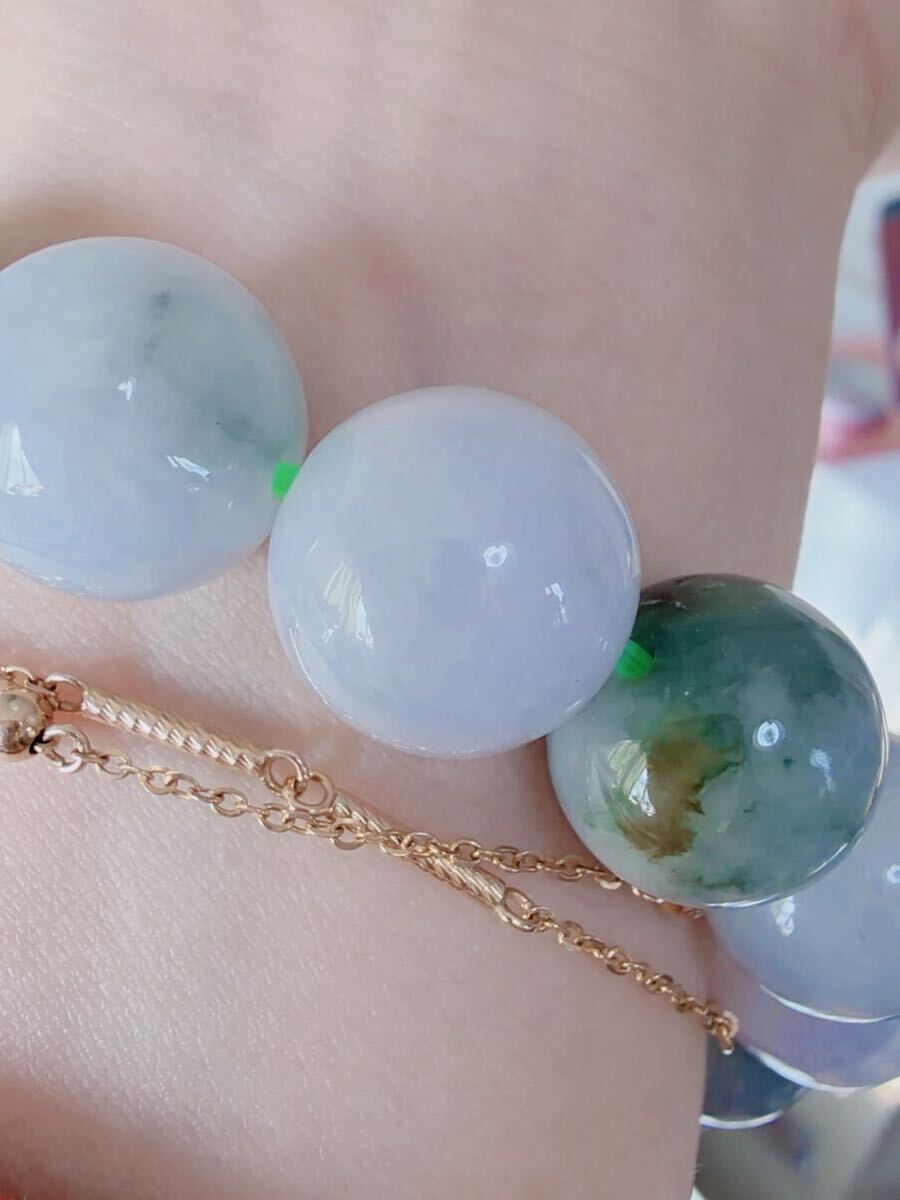 CS-0101 天然本翡翠《本物保証》 飄花 ミャンマー産天然翡翠 ブレスレット18cm 天然石14mm一点物 希少 縁起物 お守り パワーストーン_画像6