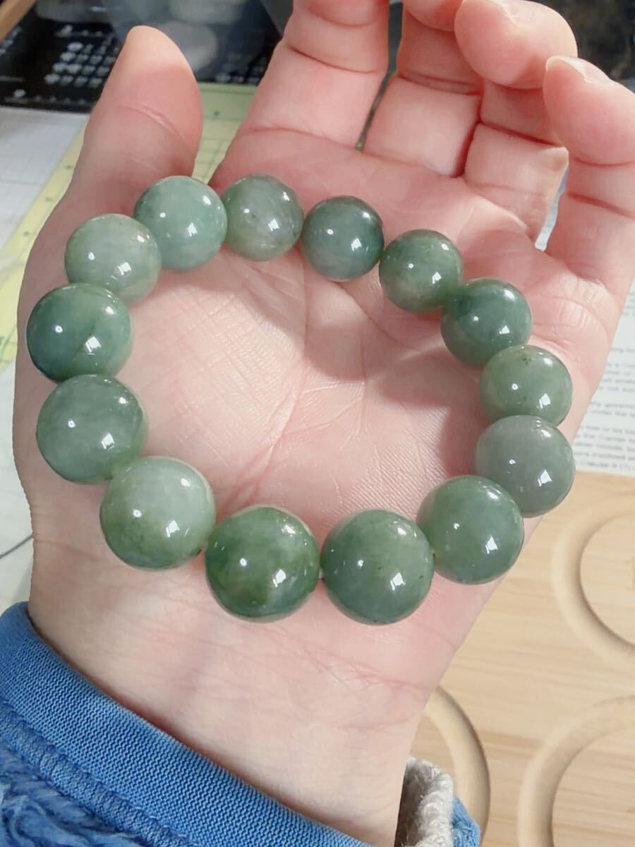 CS-0105 天然本翡翠《本物保証》油青緑 天然翡翠 ブレスレット15cm 天然石12.8mm一点物 希少 縁起物 お守り ミャンマー パワーストーン_画像2
