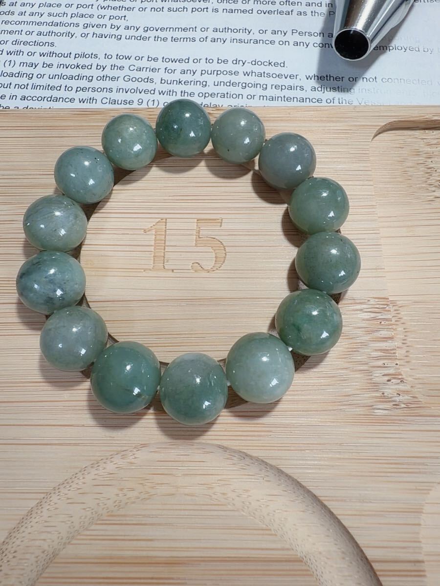CS-0105 天然本翡翠《本物保証》油青緑 天然翡翠 ブレスレット15cm 天然石12.8mm一点物 希少 縁起物 お守り ミャンマー パワーストーン_画像5