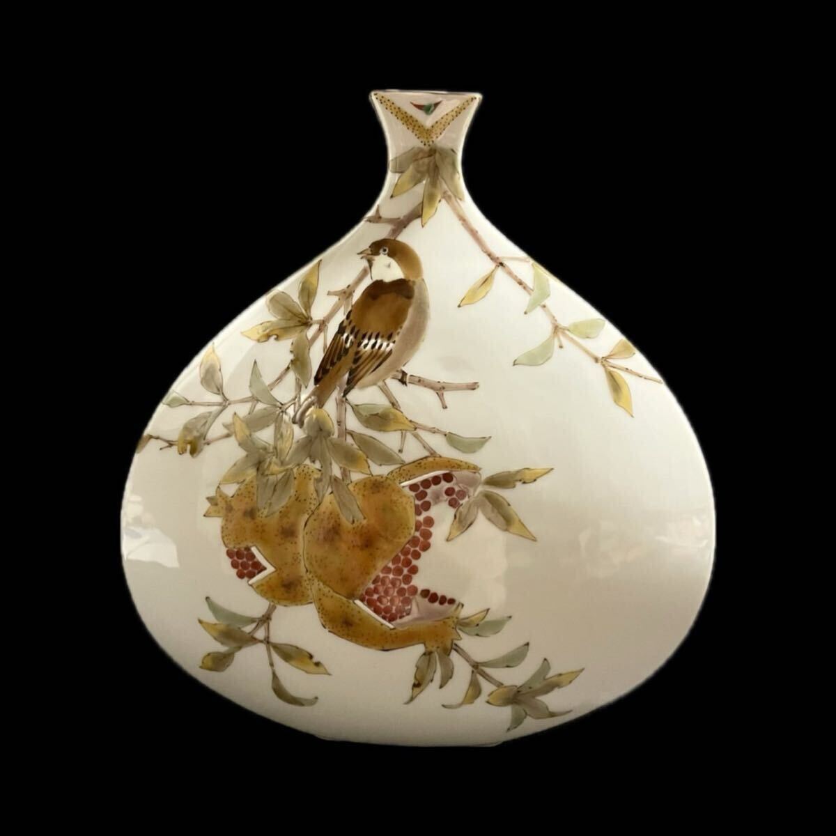 九谷 山田義明 扁壷 色絵 柘榴に雀文 共箱 _画像3