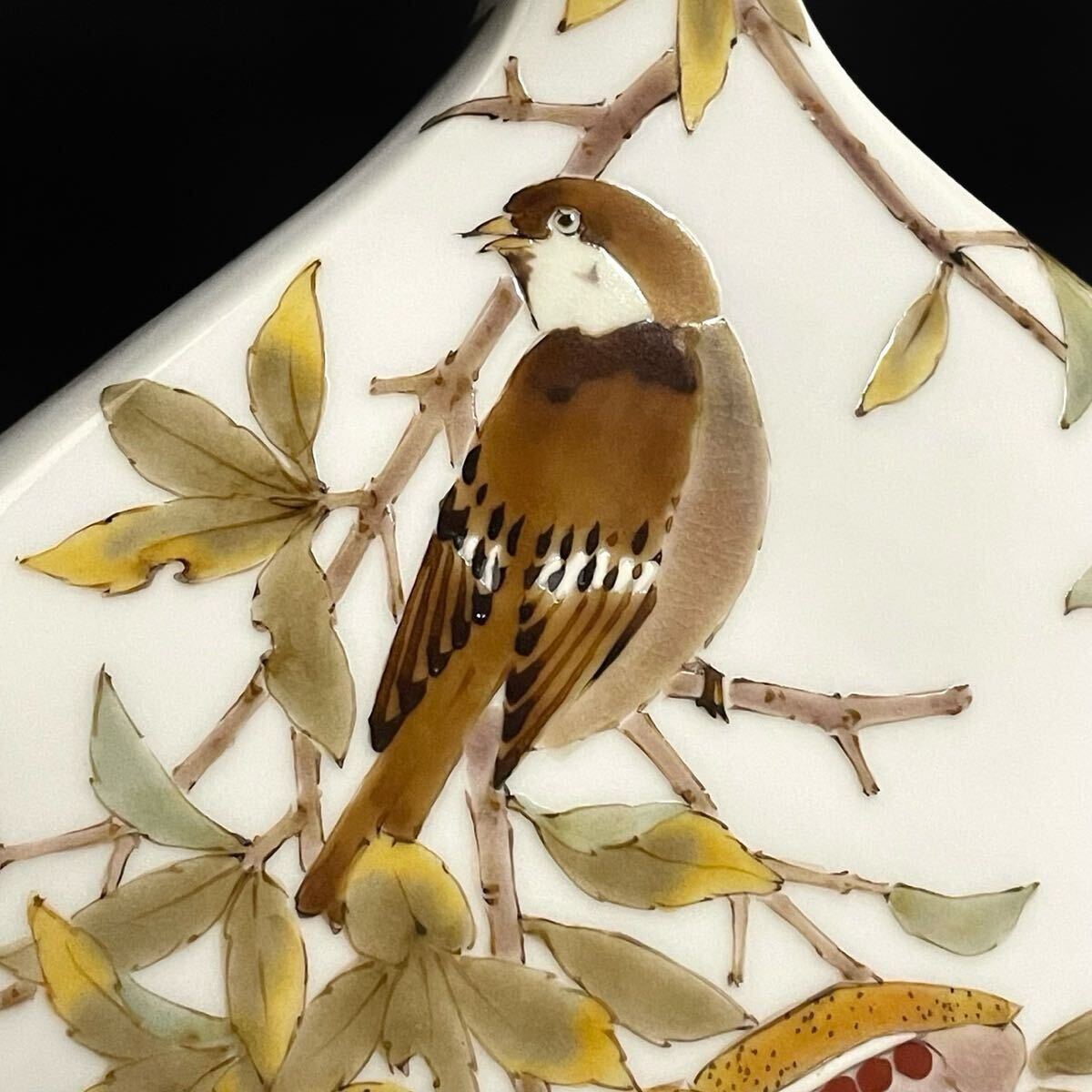 九谷 山田義明 扁壷 色絵 柘榴に雀文 共箱 _画像6