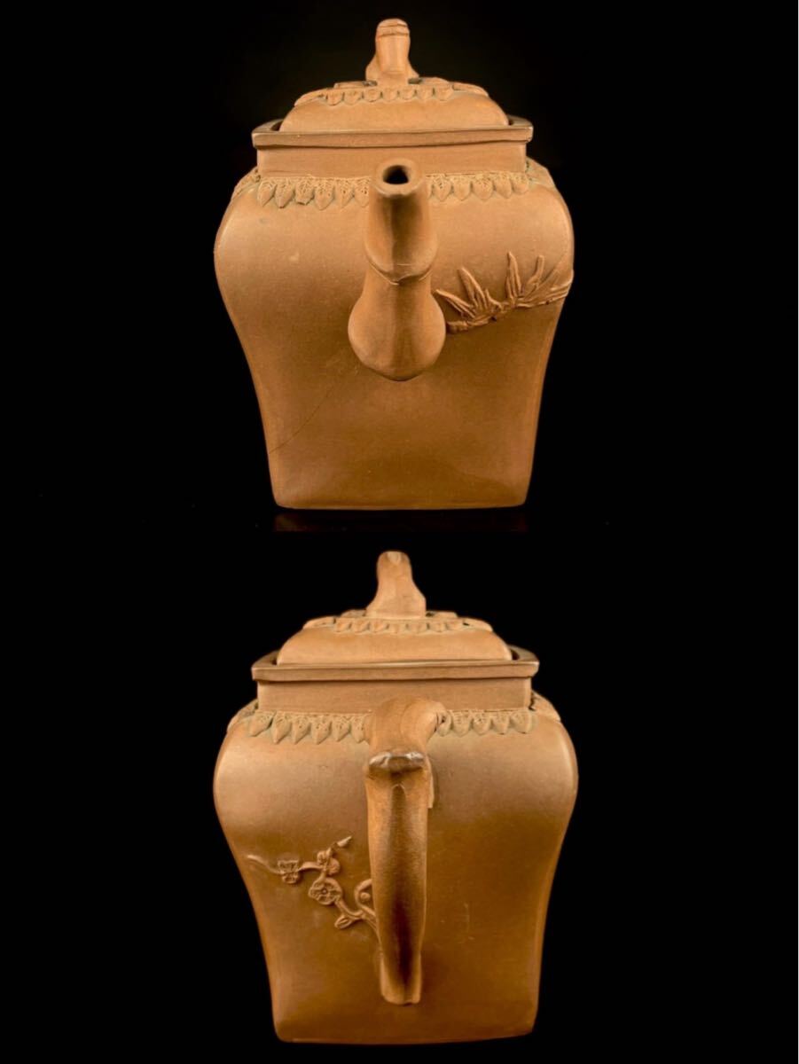 唐物 朱泥 松竹梅 四方 急須 清代 乾隆 紫砂 紫泥 茶壷 茶器 中国宜興 中国古玩（3b1111ka 2）_画像3