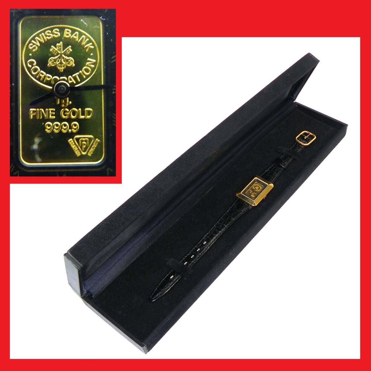  нестандартная пересылка.390 иен отправка OK Швейцария Bank печать чистота 999.9 in gotoGOLD женский. золотой часы здесь . обратная сторона крышка открыть . не Junk ( красный рамка-оправа. приятный )