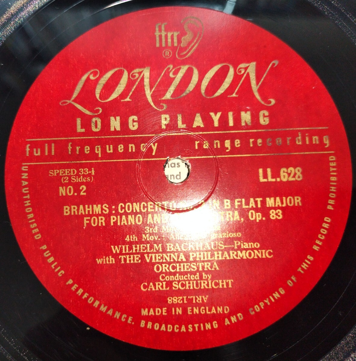 英LONDON LL628 バックハウス シューリヒト・ウィーンフィル/ブラームス・ピアノ協奏曲2番 金文字フラット盤_画像3