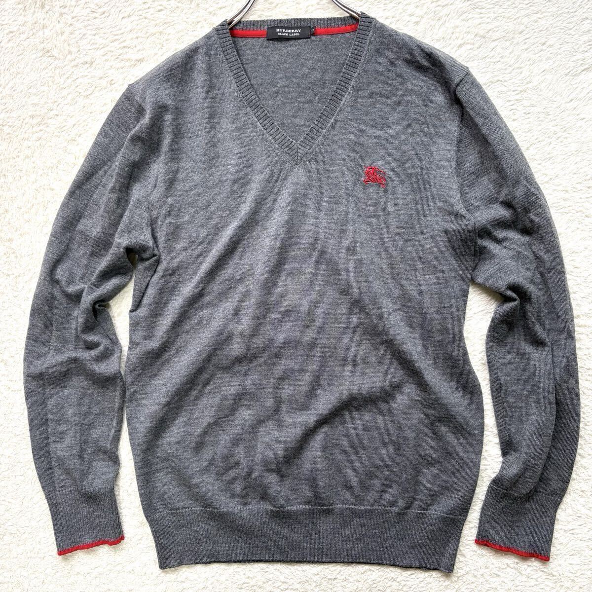極美品!!BURBERRY BLACK LABEL バーバリーブラックレーベル ニット Vネック 長袖 グレー セーター 2 ホースロゴ刺繍 袖口ポイントカラー_画像1