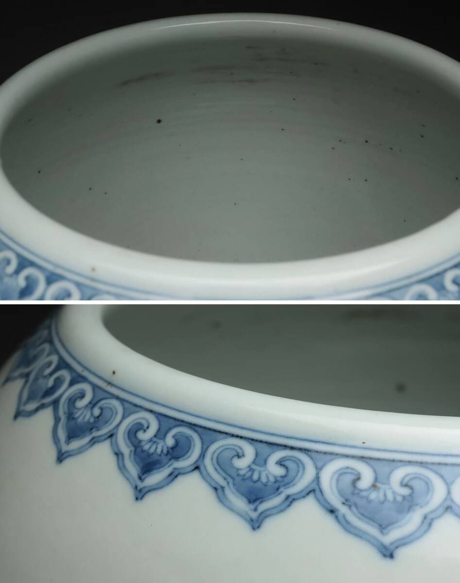 中国古美術　大清康熙年製銘　青花人物文巻缶　大鉢　水指　文房具 書道具 　箱付き_画像6