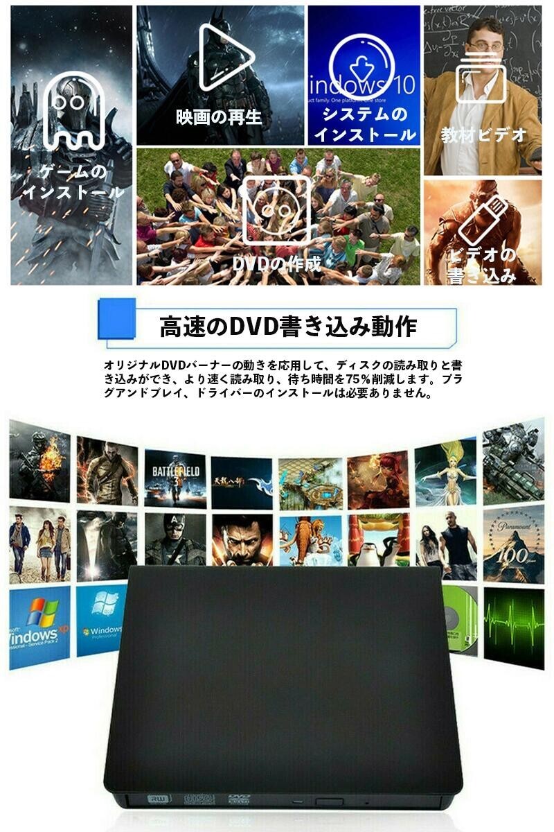 【1年保証付け】高速外置DVDドライブ USB 3.0&TYPE-Cコネクター Windows98/MAC OS 8.6 以上対応 日本語説明書付け_画像7