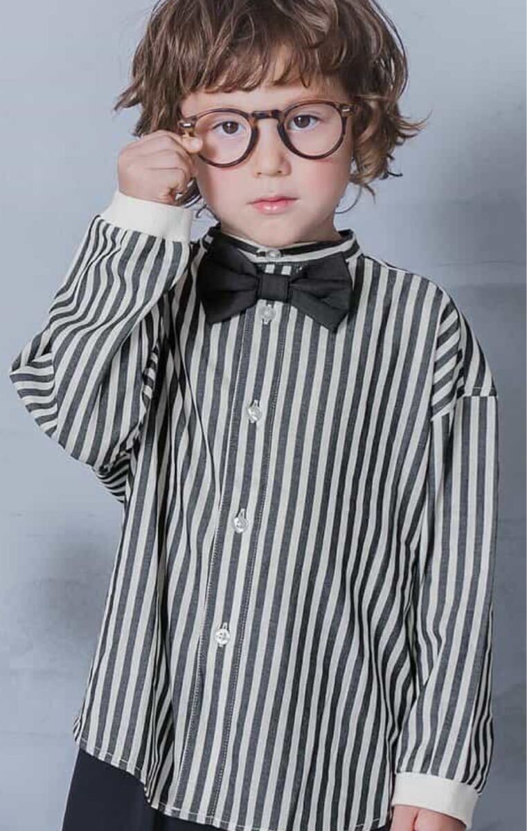 p.premierP108025蝶ネクタイ付きバンドカラーシャツ　ブラックストライプ　120㎝_画像1