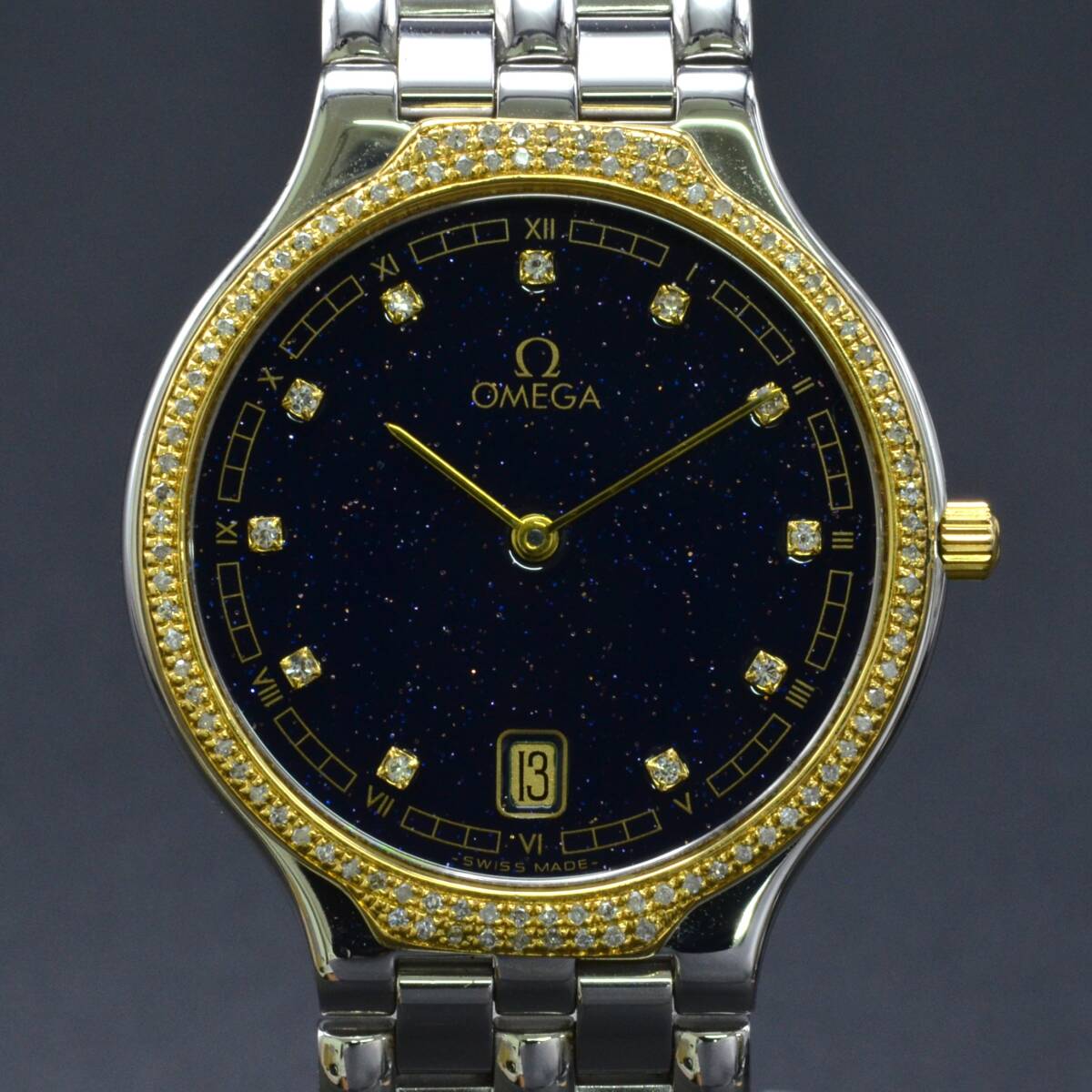 １円～稼働品140-1246558D　OMEGAオメガ　デビル　SS　QZ　デイト　ブルー系文字盤　メンズ腕時計_画像1