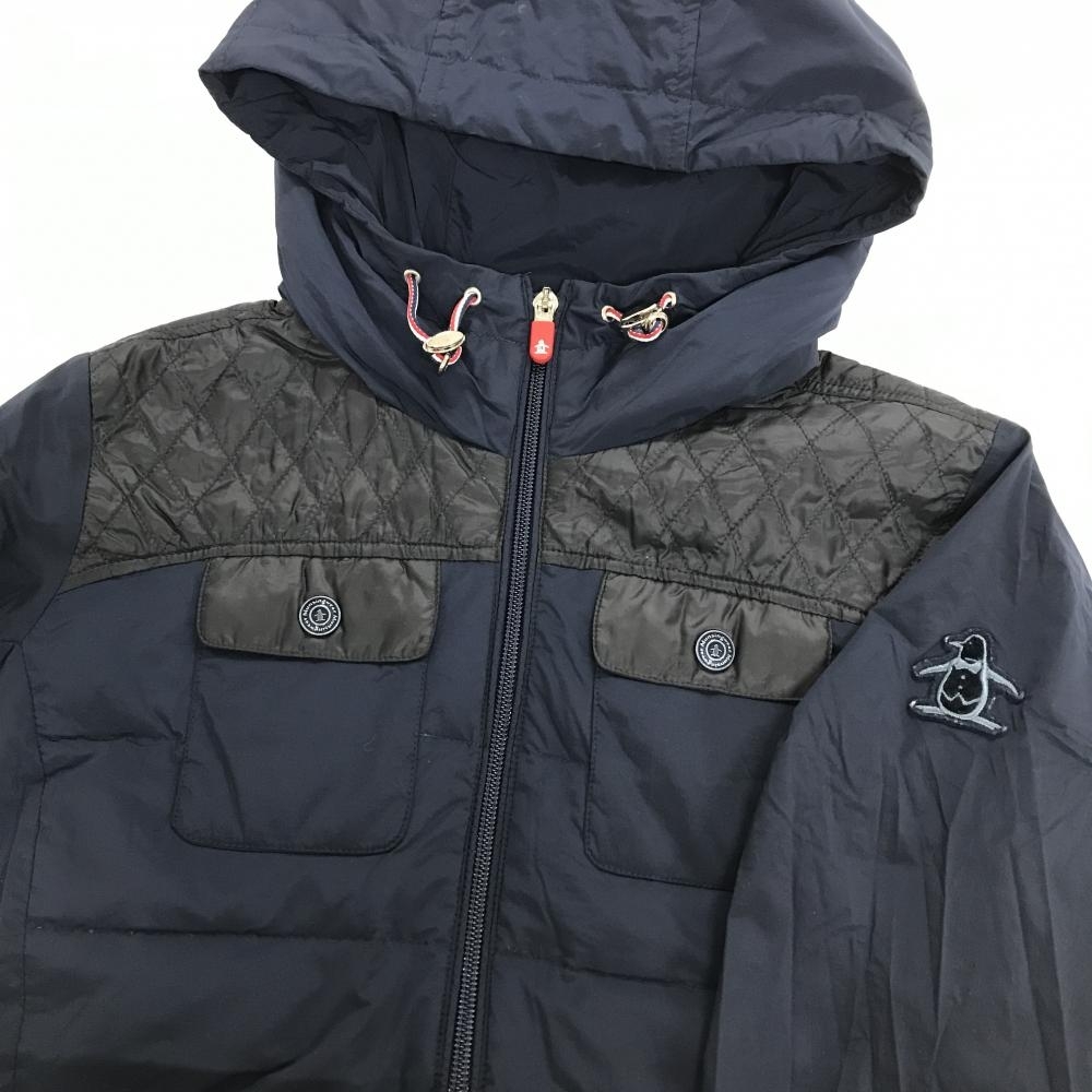 マンシングウェア ダウンワンピース ネイビー×黒 一部ダウン フード ロングジャケット レディース M ゴルフウェア Munsingwear_画像3