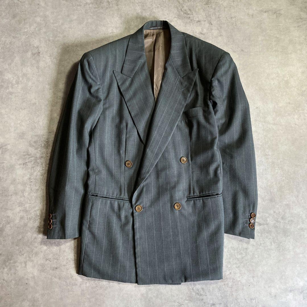 イタリア製 KRIZIAUOMΟ ウール ダブル テーラード ジャケット L ストライプ 柄 グリーン メンズ ヴィンテージ スーツ クリッツィア ウォモ_画像1