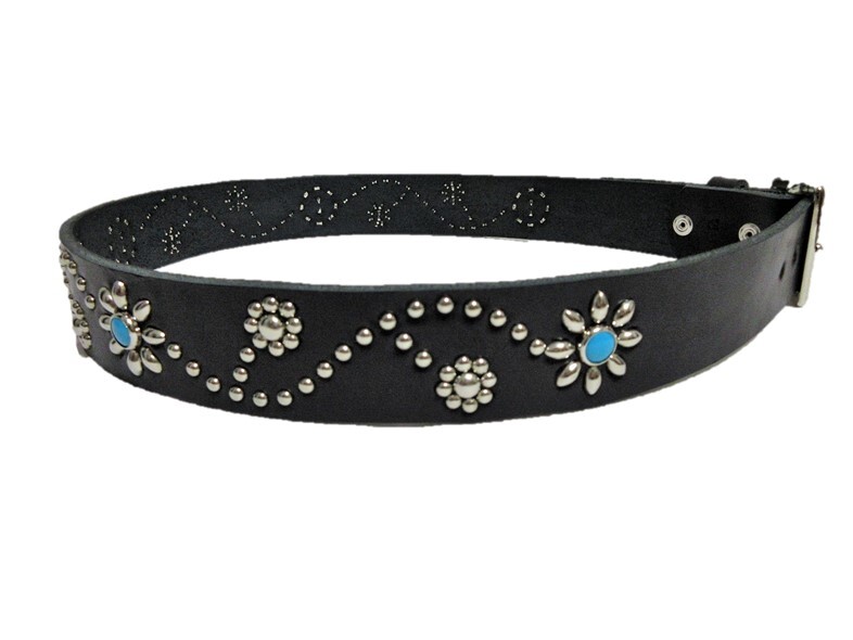 栃木レザー　フラワー型スタッズベルト　黒（ターコイズスポッツ）４０ｍｍ幅　一枚革_画像5