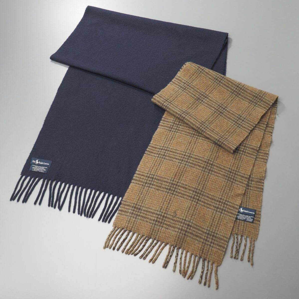 TJ6555◎ポロラルフローレン 2枚セット 総カシミヤ 大判 ストール ネイビー系 + ラムウール チェック柄 マフラー カーキ系 ポニー刺繍_画像2