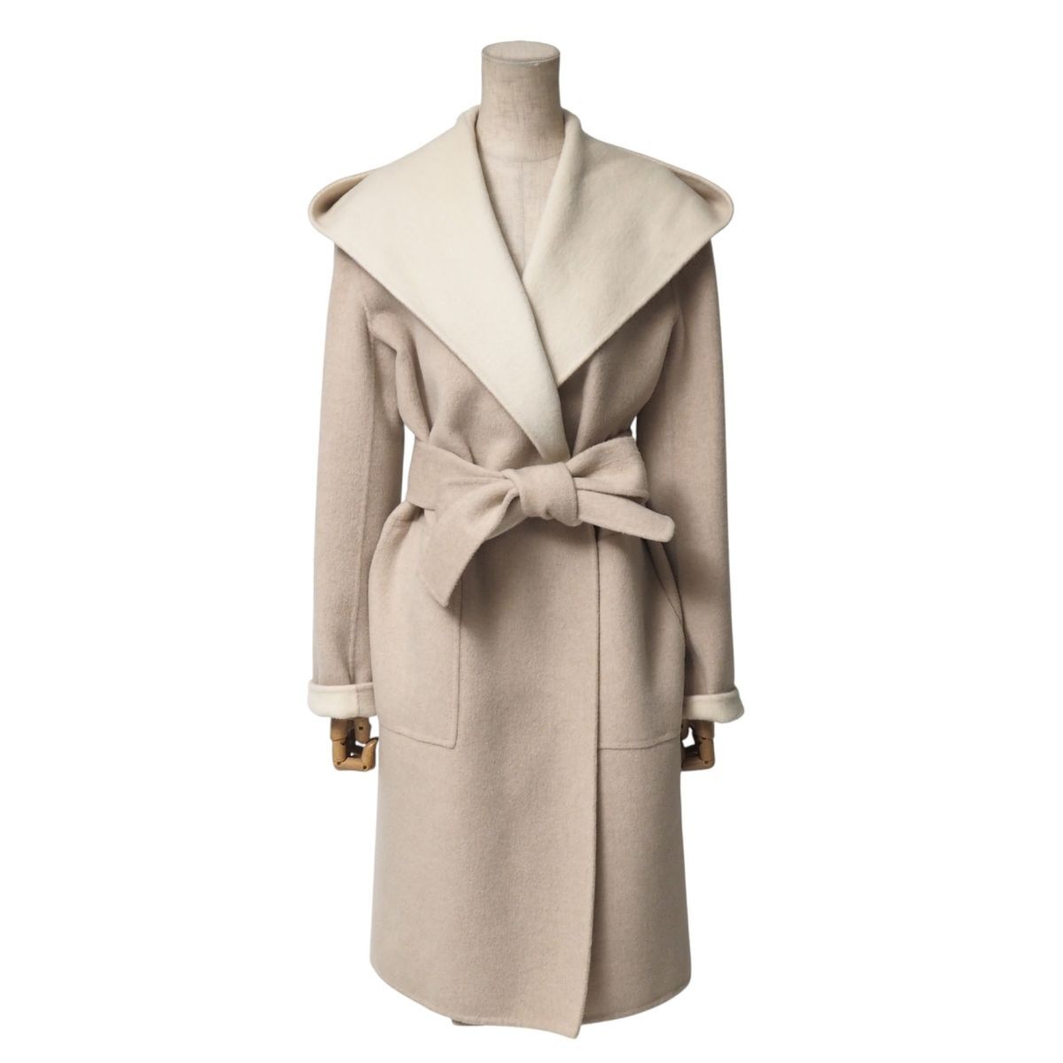 GS5383●クリツィア/KRIZIA*ダブルフェイス ウールアンゴラコート*フード付き*ベルト付き*レディース サイズ40*ベージュブラウン系_画像1