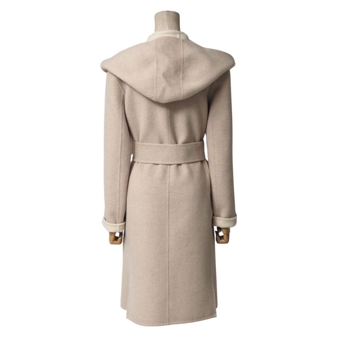 GS5383●クリツィア/KRIZIA*ダブルフェイス ウールアンゴラコート*フード付き*ベルト付き*レディース サイズ40*ベージュブラウン系_画像2