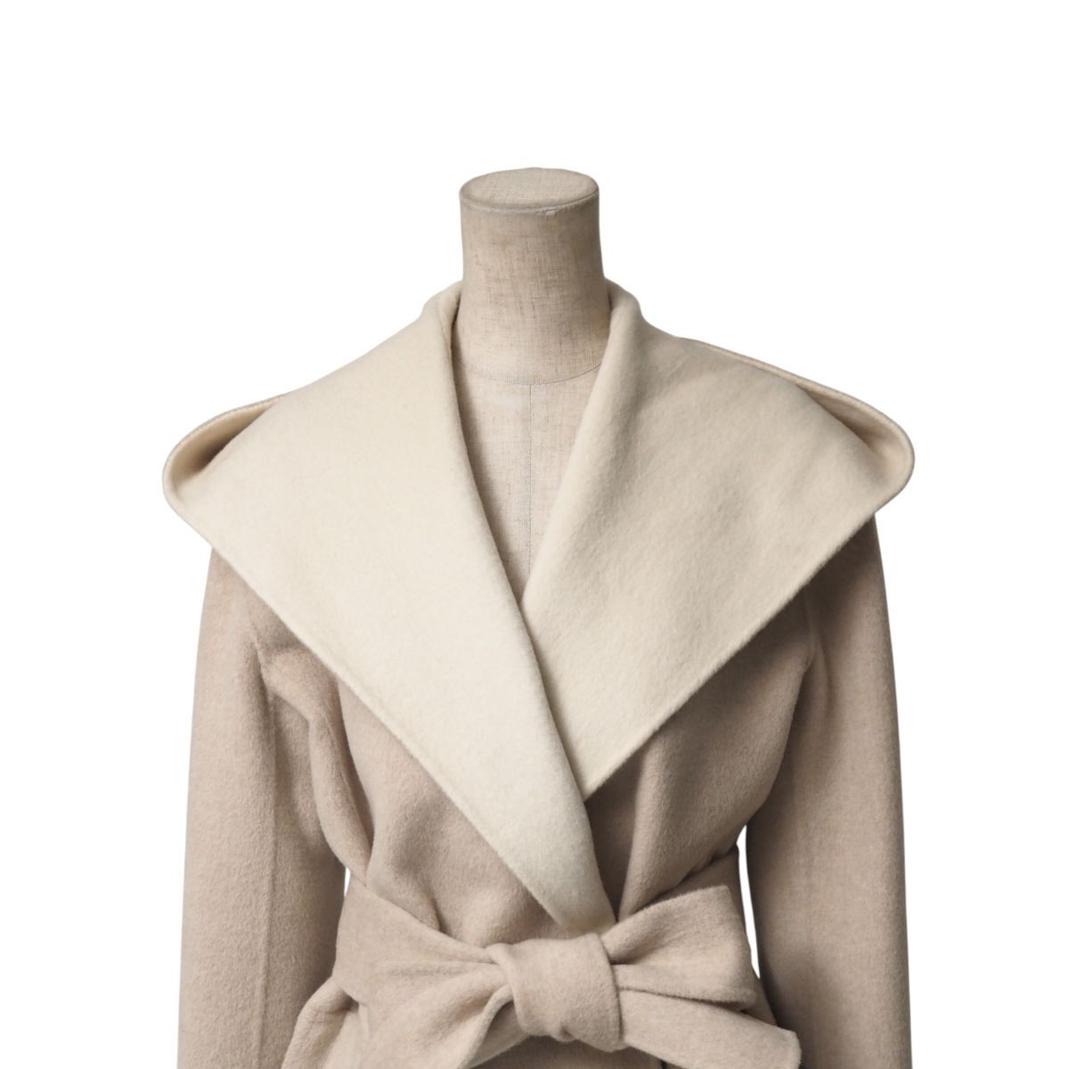 GS5383●クリツィア/KRIZIA*ダブルフェイス ウールアンゴラコート*フード付き*ベルト付き*レディース サイズ40*ベージュブラウン系_画像3