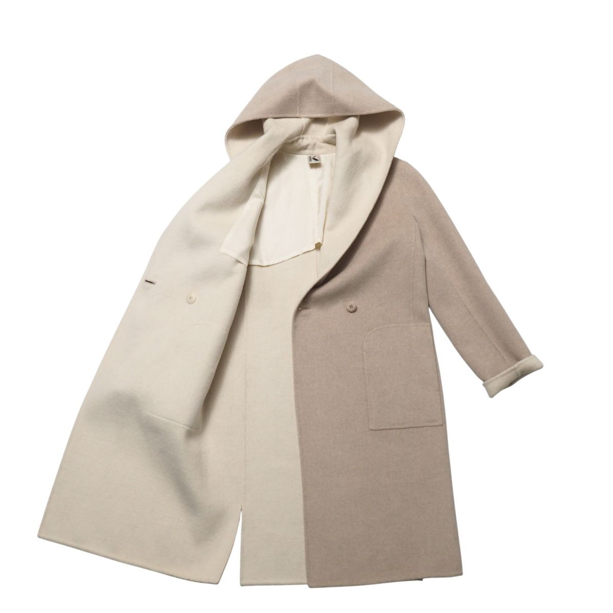 GS5383●クリツィア/KRIZIA*ダブルフェイス ウールアンゴラコート*フード付き*ベルト付き*レディース サイズ40*ベージュブラウン系_画像4