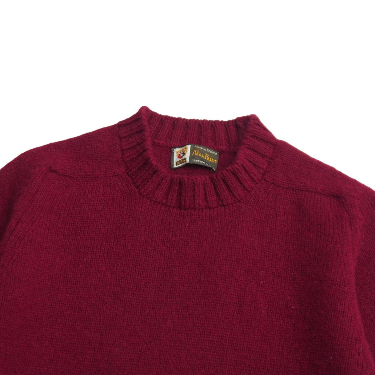 TJ6729+イングランド製*Alan Paine/アランペイン*メンズ38/97cm*ウールニットセーター*クルーネック*ソリッドセーター*バーガンディ系_画像3