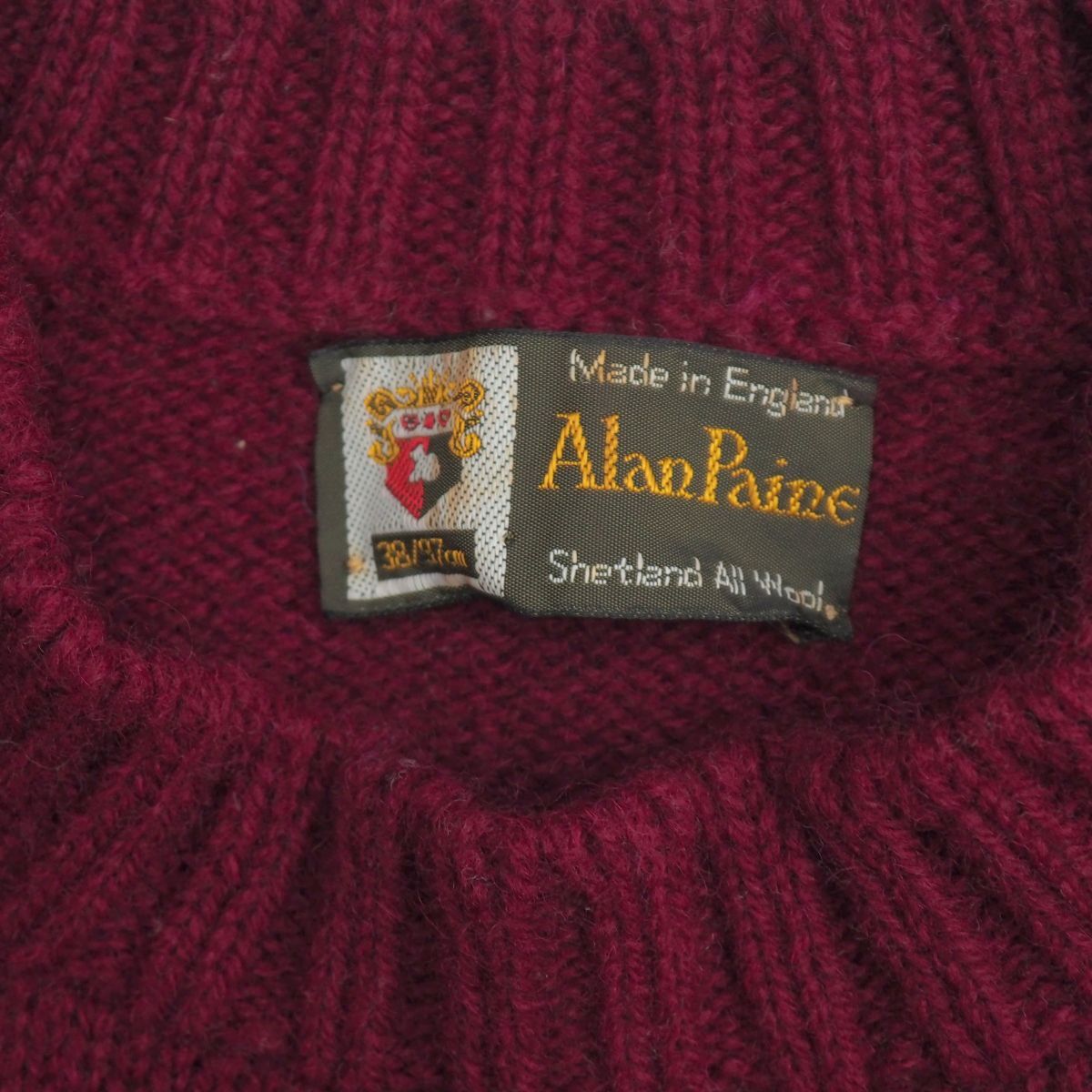 TJ6729+イングランド製*Alan Paine/アランペイン*メンズ38/97cm*ウールニットセーター*クルーネック*ソリッドセーター*バーガンディ系_画像5