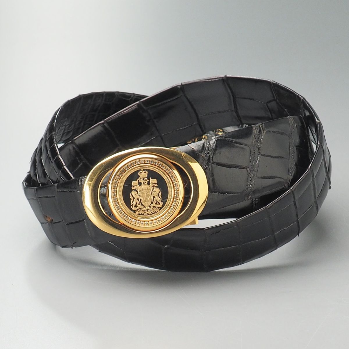GS5527◎無双仕立て クロコダイルレザー 本ワニ革 ベルト メンズ ブラック 黒 革ベルト カット調節可 トップ式バックル 全長:約114cm_画像1