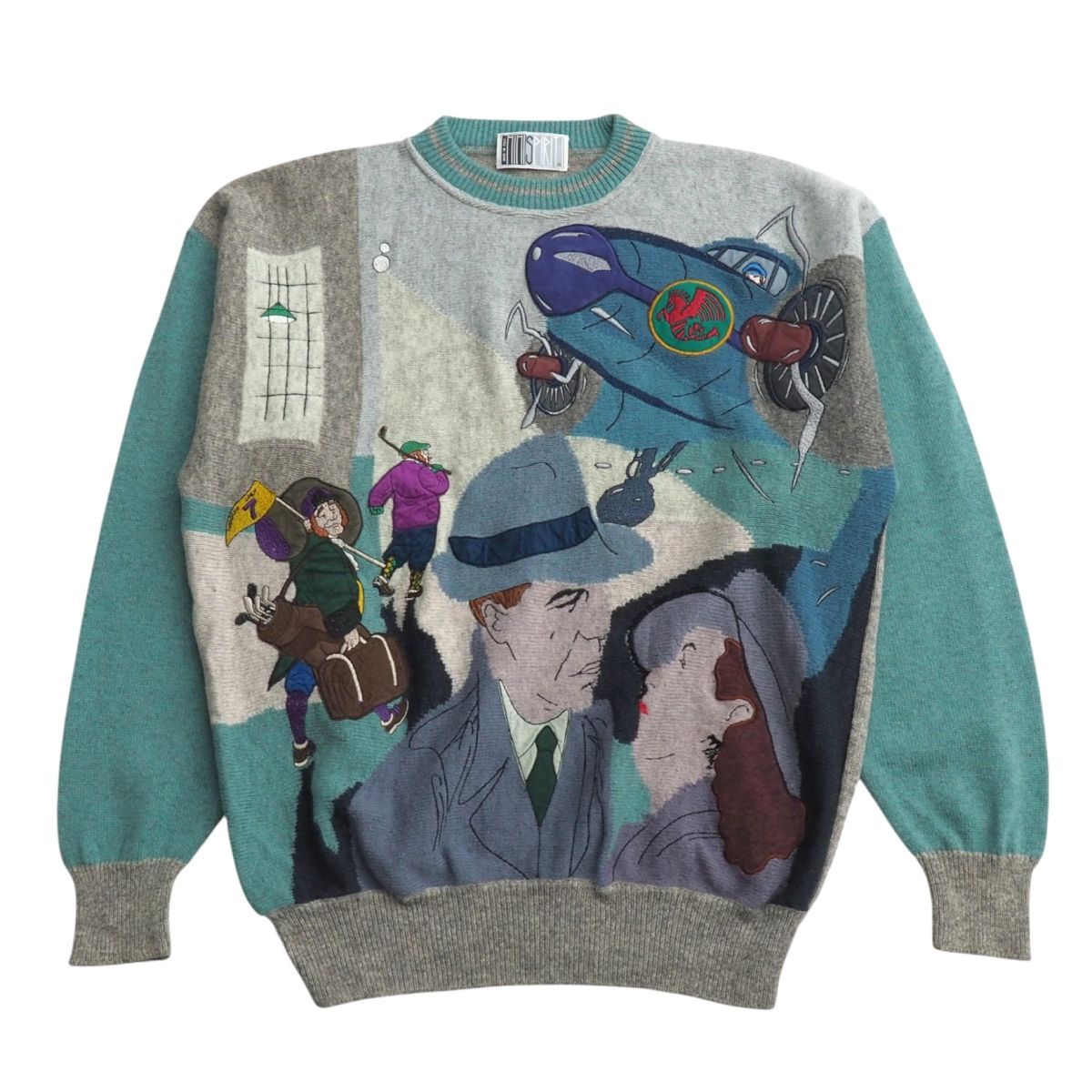 TI6235▽イタリア製 ヴィンテージ MIMI SPIRIT メンズ ワッペン 総柄 クルーネック ウールニット セーター マルチカラー_画像1