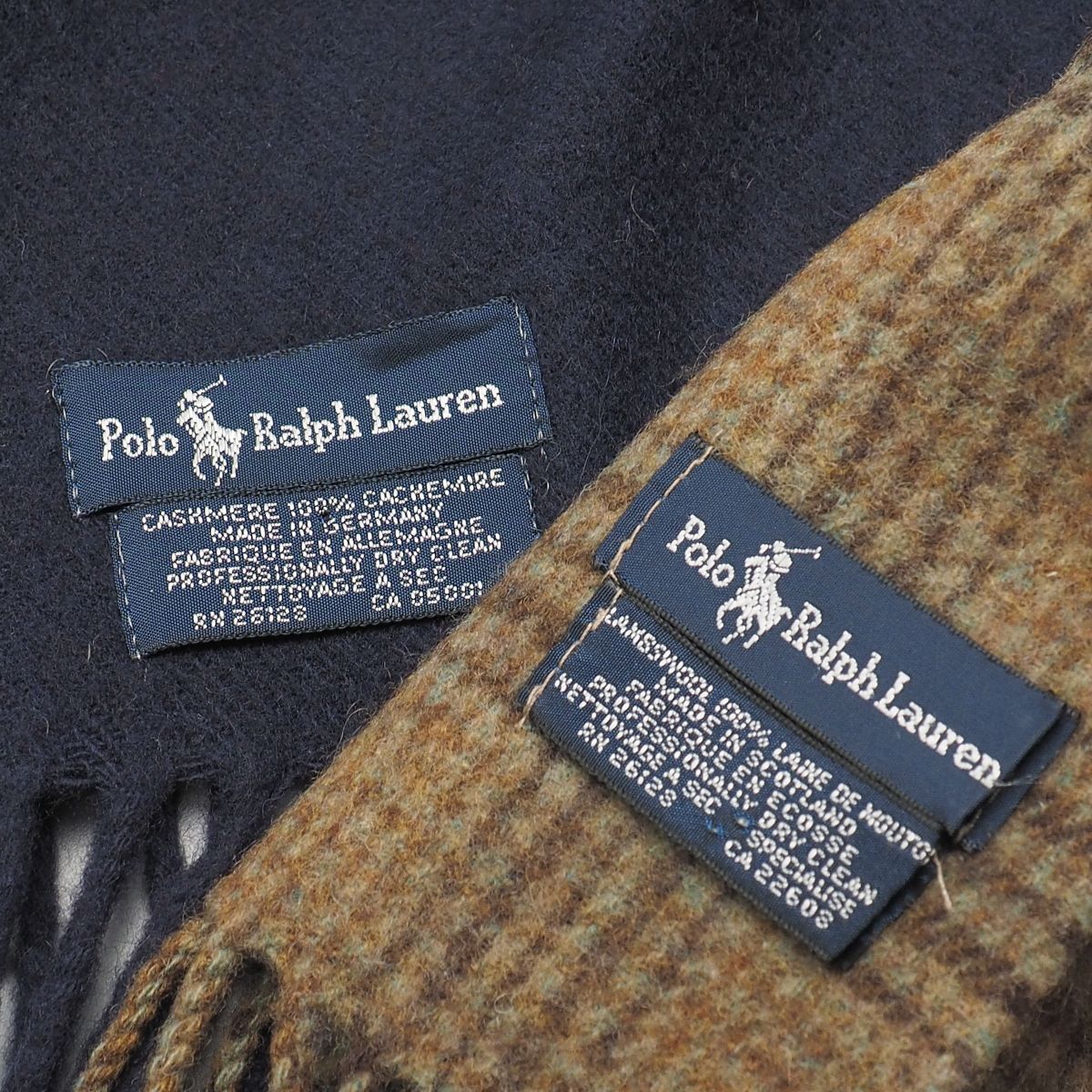 TJ6555◎ポロラルフローレン 2枚セット 総カシミヤ 大判 ストール ネイビー系 + ラムウール チェック柄 マフラー カーキ系 ポニー刺繍_画像6