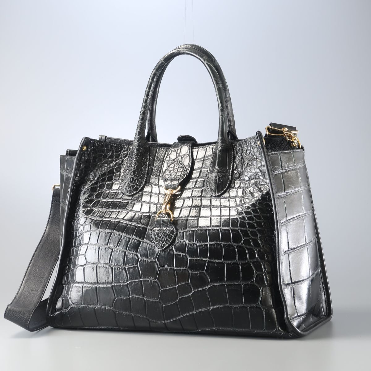 MI2833▽JRA認定 マットクロコ coto コト センター取り 本ワニ革 クロコダイルレザー ショルダー付き トートバッグ ハンドバッグ 2WAY 黒_画像1