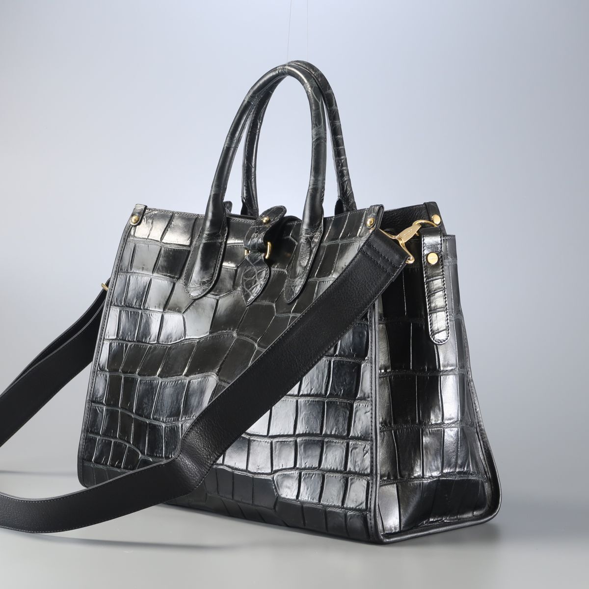 MI2833▽JRA認定 マットクロコ coto コト センター取り 本ワニ革 クロコダイルレザー ショルダー付き トートバッグ ハンドバッグ 2WAY 黒_画像3