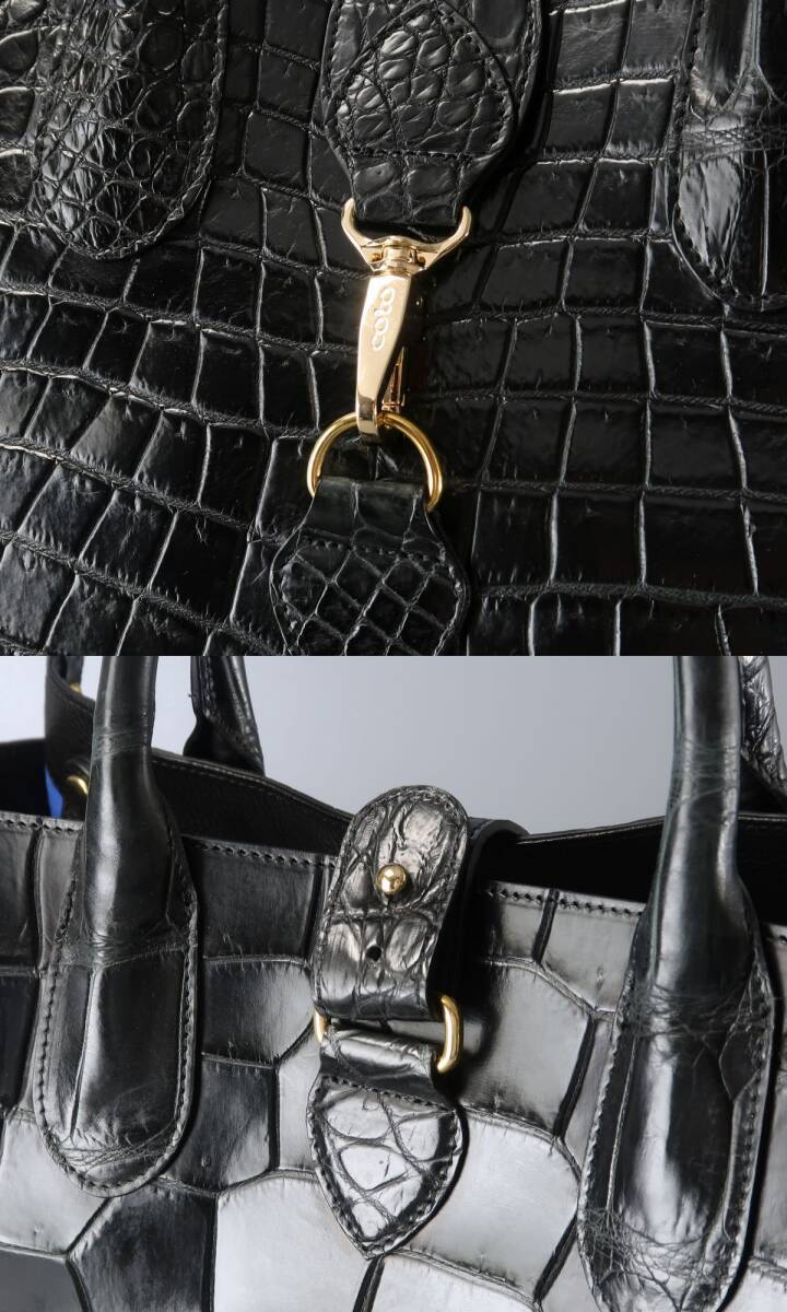 MI2833▽JRA認定 マットクロコ coto コト センター取り 本ワニ革 クロコダイルレザー ショルダー付き トートバッグ ハンドバッグ 2WAY 黒_画像6
