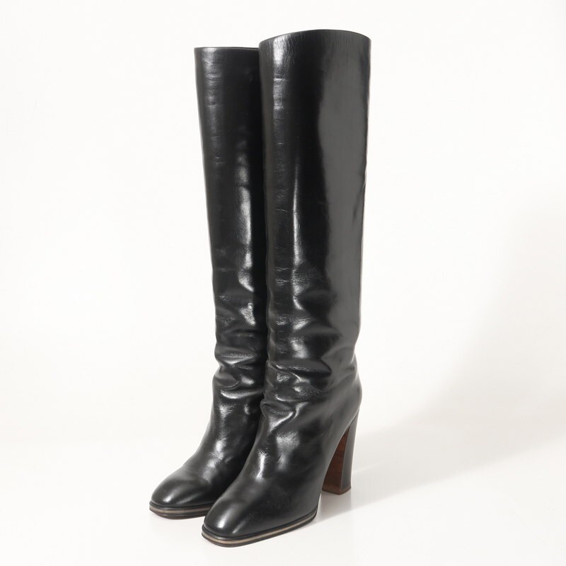 GS4988△イタリア製 POLLINI ポリーニ レザー ロングブーツ ロゴメタル 靴 ブラック 黒 サイズ36/22.5cm相当_画像1