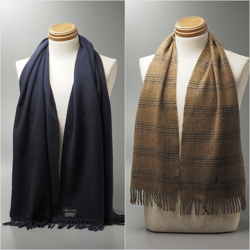 TJ6555◎ポロラルフローレン 2枚セット 総カシミヤ 大判 ストール ネイビー系 + ラムウール チェック柄 マフラー カーキ系 ポニー刺繍_画像1