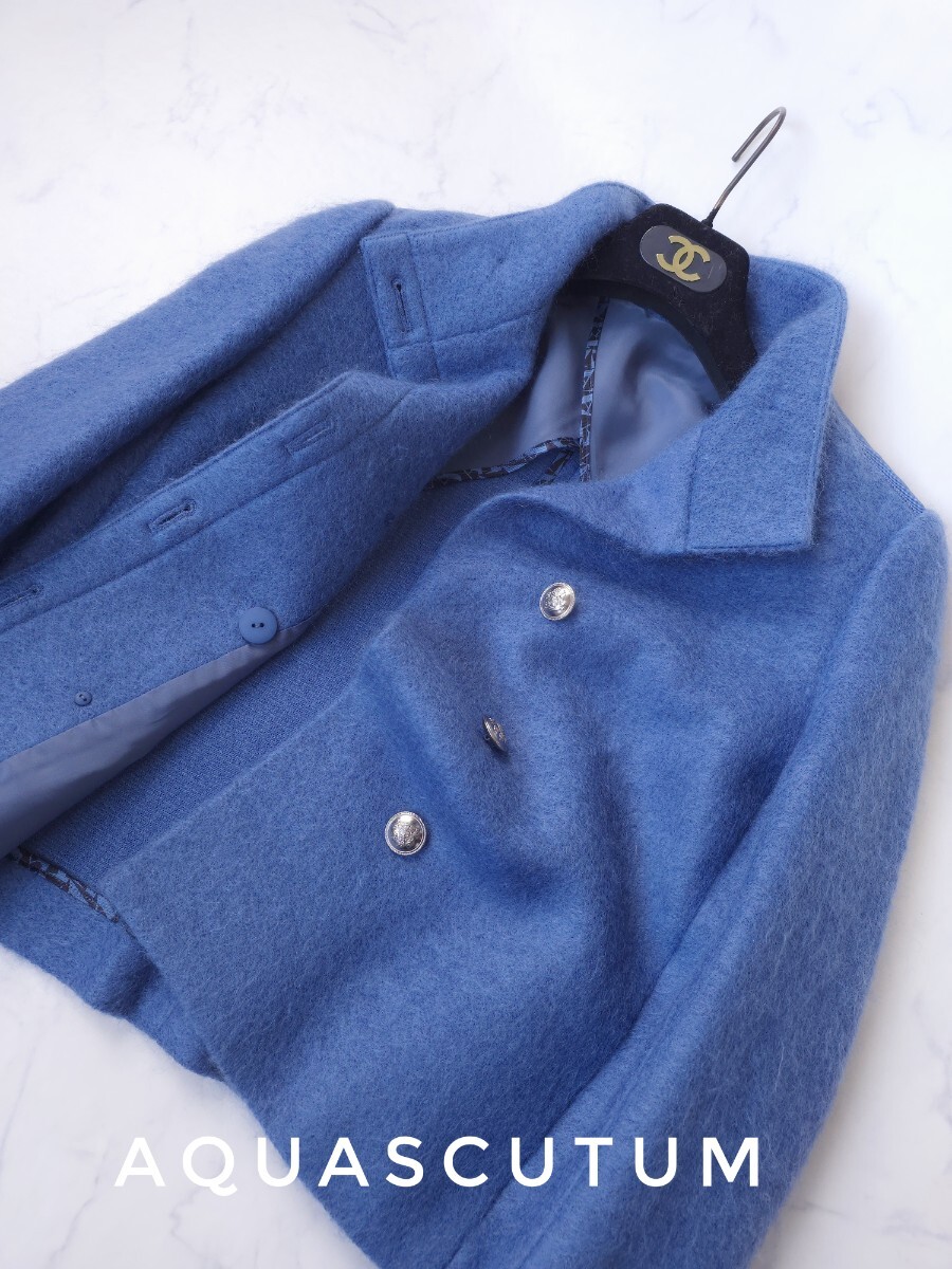 超高級 新品同様 希少 Aquascutum モダンショートコート 憧れのセレブ御用達ロイヤルブルー エレガントデザイン アクアスキュータム _画像3