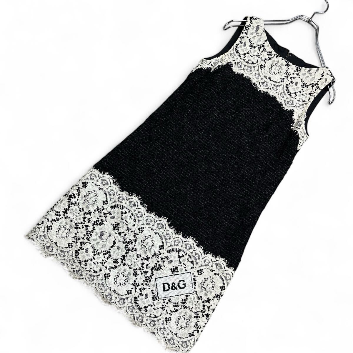 DOLCE&GABBANA ドルチェアンドガッバーナ ドレス ワンピース 異素材切替 レース スパンコール ツイード ロゴ 36サイズ_画像2