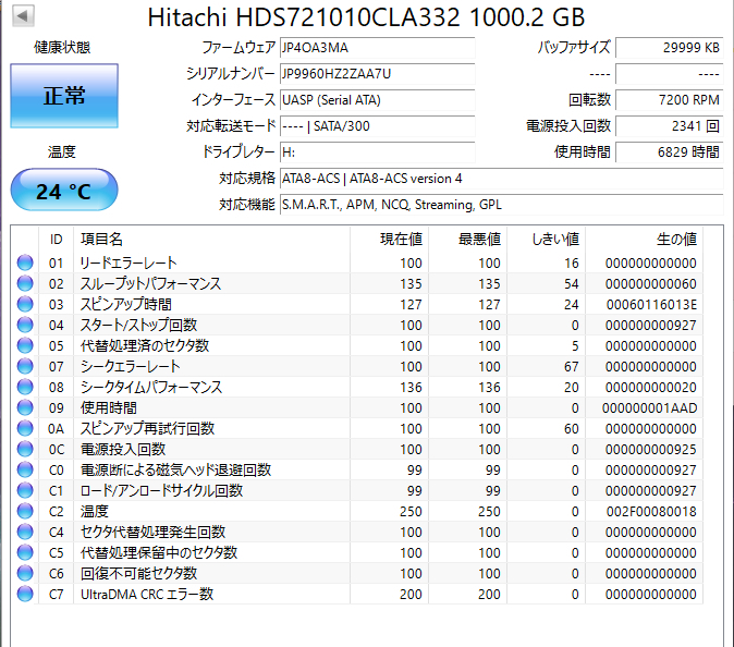 ★ 1TB ★ HITACHI　/　HDS721010CLA332　良品　【使用時間：6829ｈ】 3.5インチ 内蔵 HDD SATA　AVコマンド対応　HGST/日立 [管理■5BAA_画像2