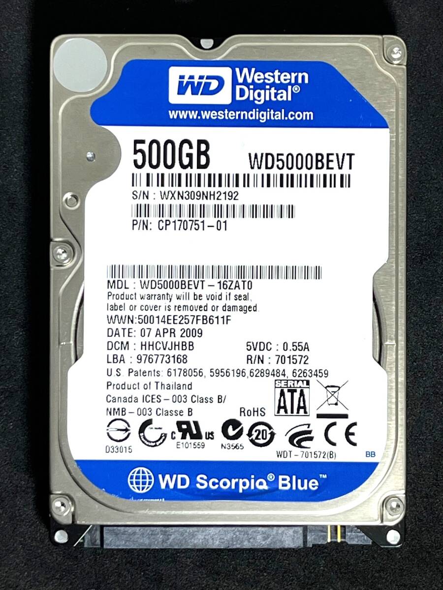 ★ 500GB ★ WD5000BEVT / Western Digital Blue 【使用時間：3835ｈ】 良品　2009年製　WD 2.5インチ 内蔵 HDD 9.5mm SATA [管理5A21]_画像1