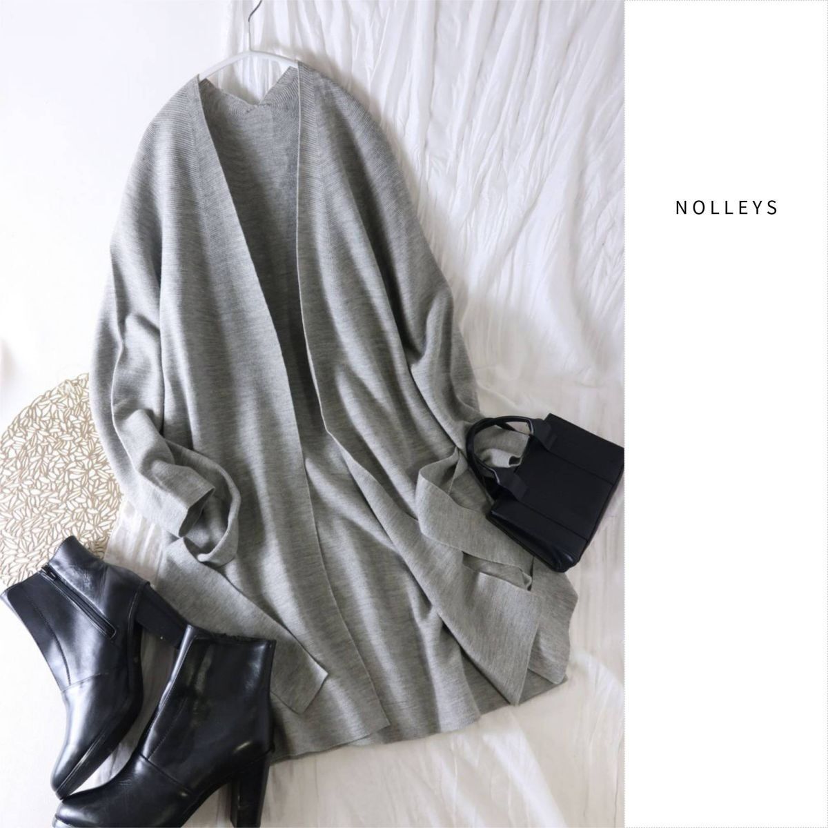 1.7万☆ノーリーズ NOLLEYS☆毛100% ホールガーメントベルト付き羽織り カーディガン 38サイズ 日本製☆R-O 6503_画像1
